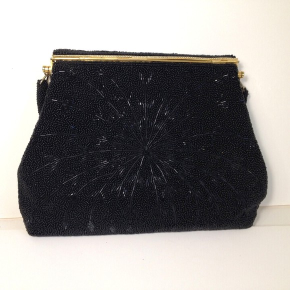 Vintage Black Beautifully Beaded Evening Handbag Gold Trim - Picture 3 of 12
